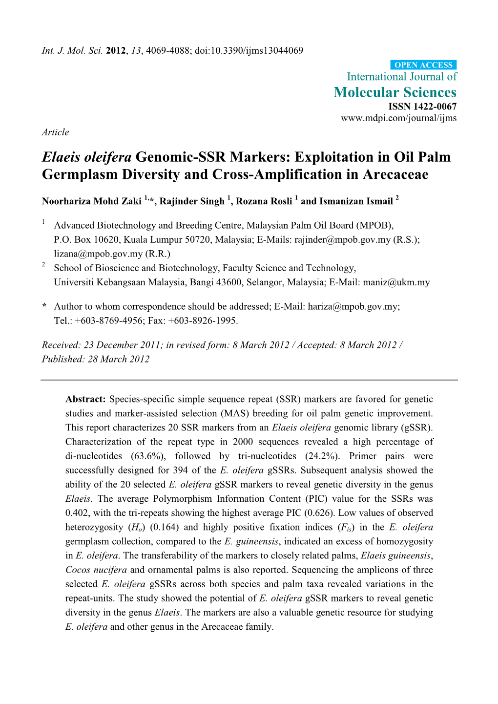 Elaeis Oleifera Genomic-SSR Markers: Exploitation in Oil Palm Germplasm Diversity and Cross-Amplification in Arecaceae