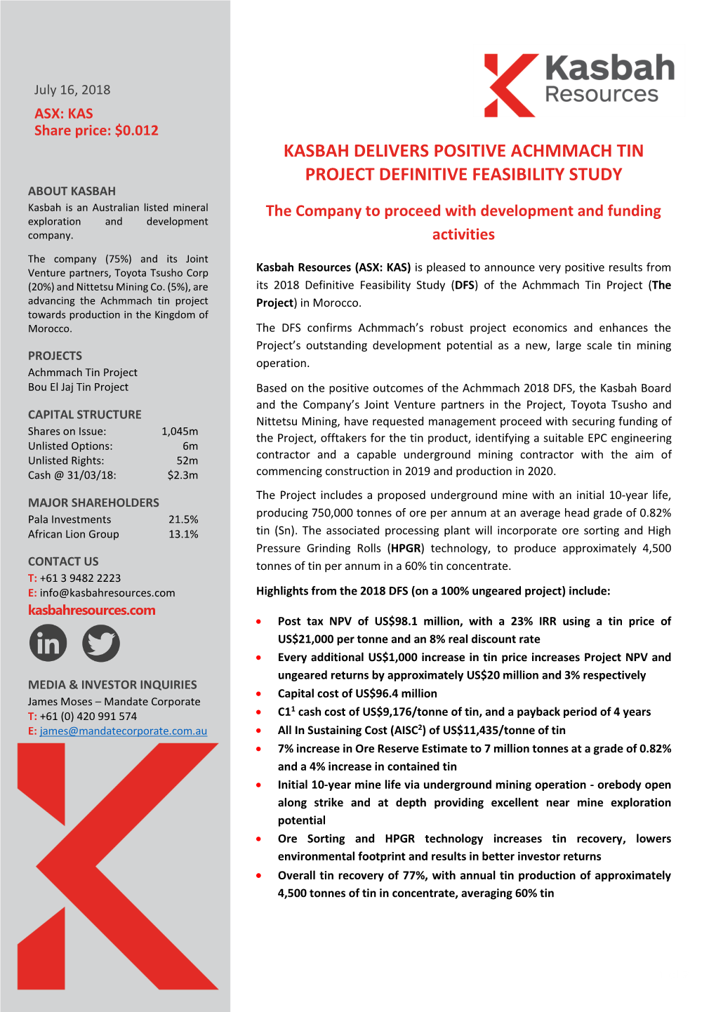 2018 Achmmach Tin Project Definitive Feasibility Study