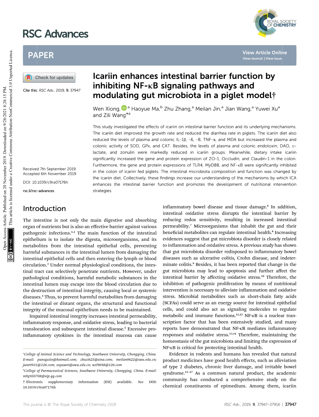 Icariin Enhances Intestinal Barrier Function by Inhibiting NF-Κb