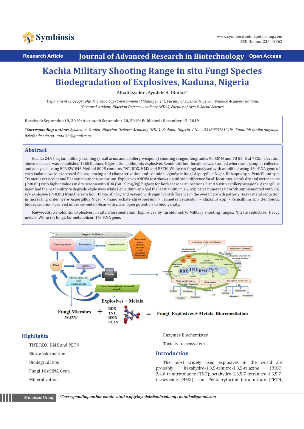 Kachia Military Shooting Range in Situ Fungi Species Biodegradation of Explosives, Kaduna, Nigeria Alhaji Isyaku1, Ayodele A