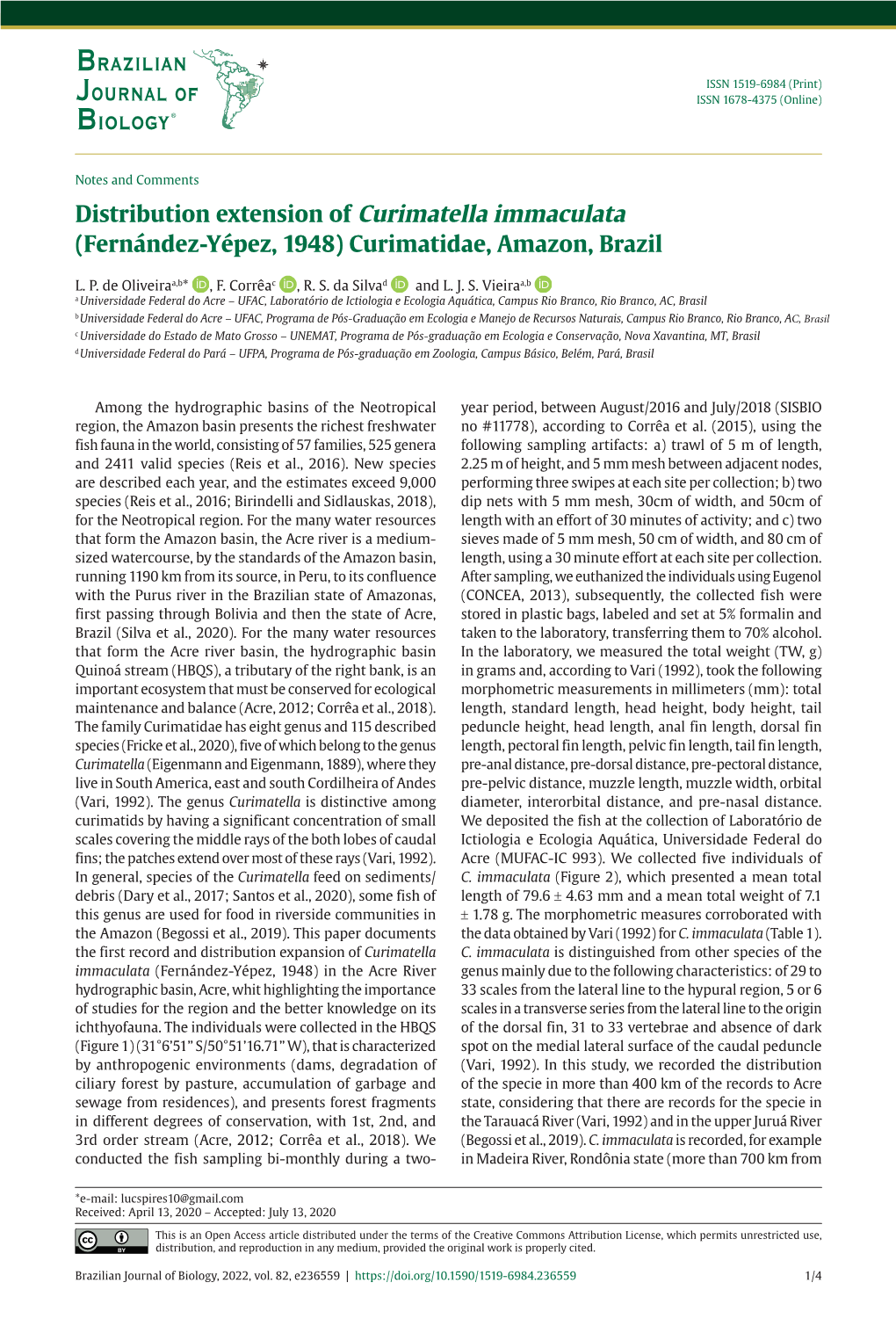 Distribution Extension of Curimatella Immaculata (Fernández-Yépez, 1948) Curimatidae, Amazon, Brazil