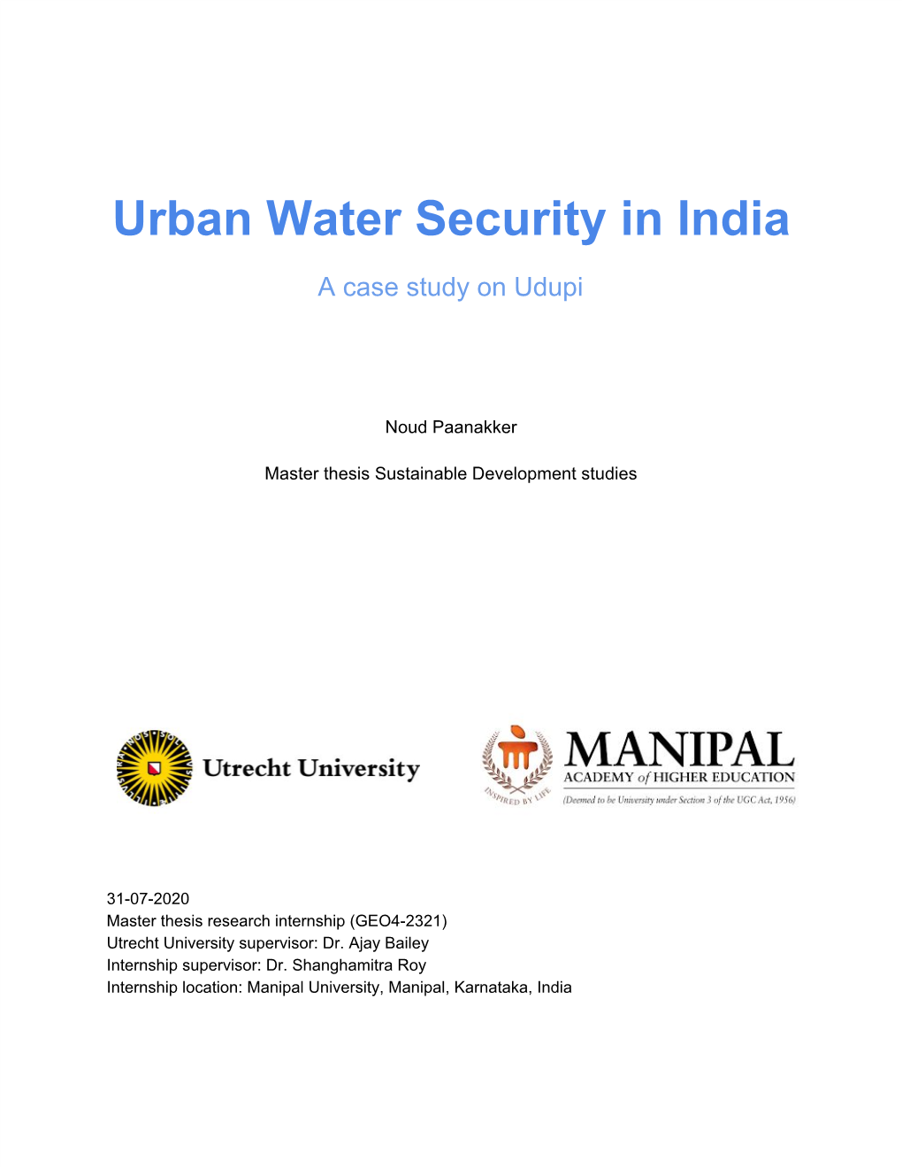 Urban Water Security in India