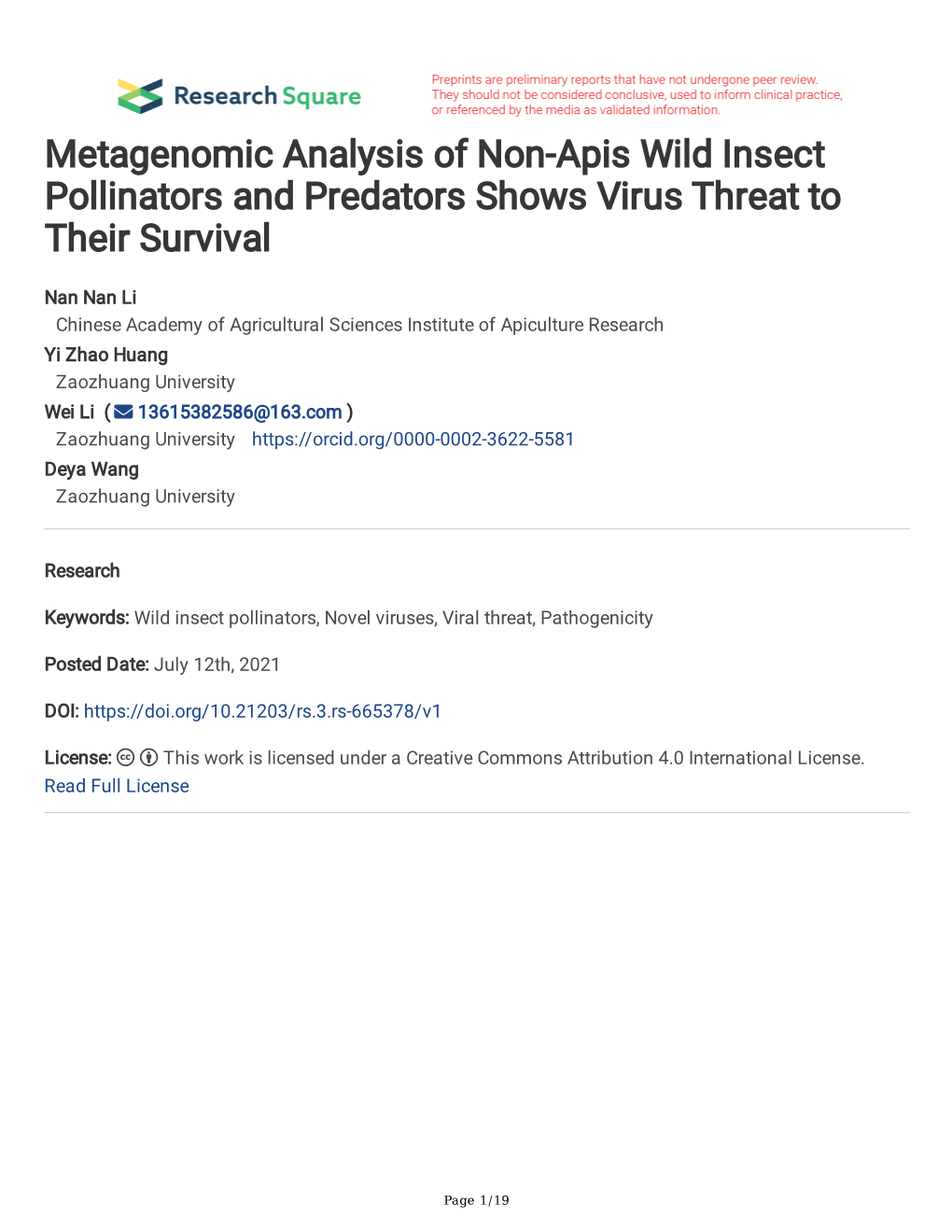 Metagenomic Analysis of Non-Apis Wild Insect Pollinators and Predators Shows Virus Threat to Their Survival