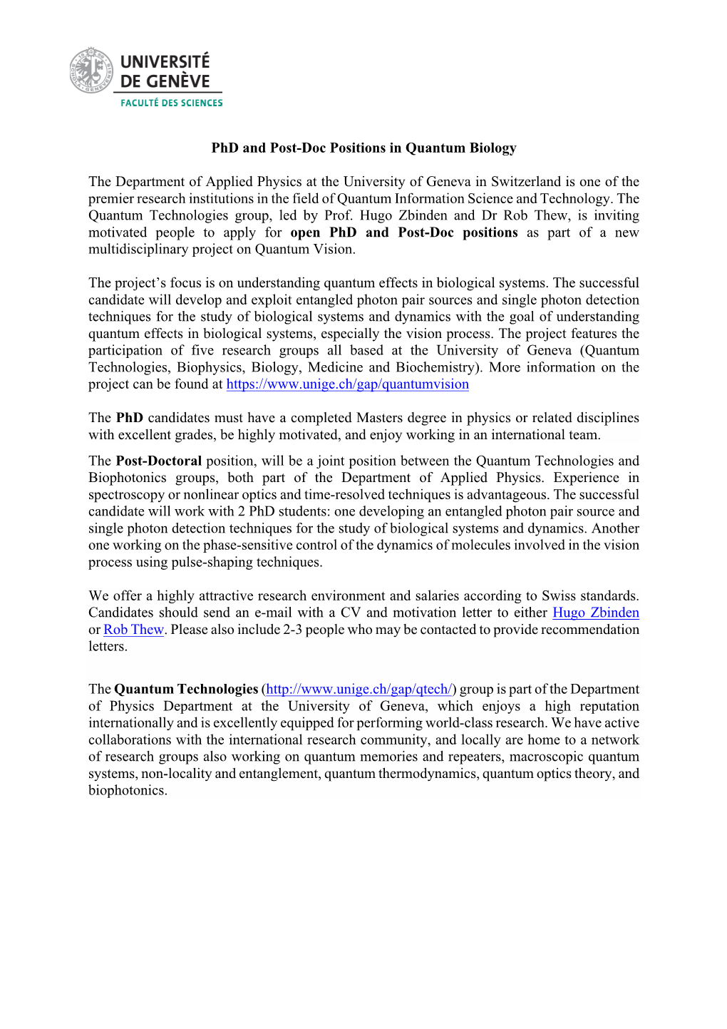 Phd and Post-Doc Positions in Quantum Biology