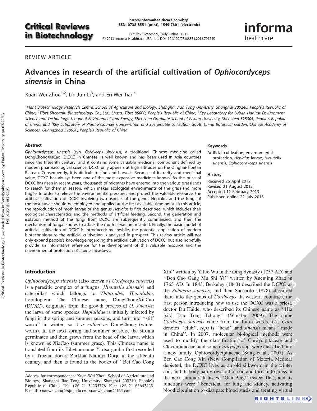 Advances in Research of the Artificial Cultivation of Ophiocordyceps Sinensis in China