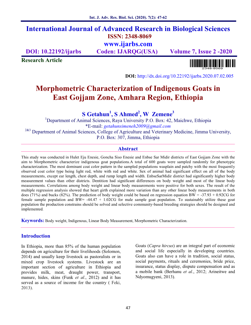 Morphometric Characterization of Indigenous Goats in East Gojjam Zone, Amhara Region, Ethiopia