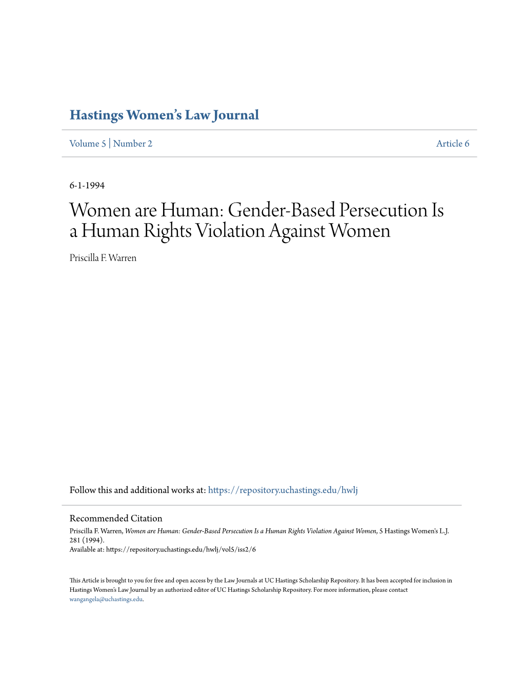 Gender-Based Persecution Is a Human Rights Violation Against Women Priscilla F