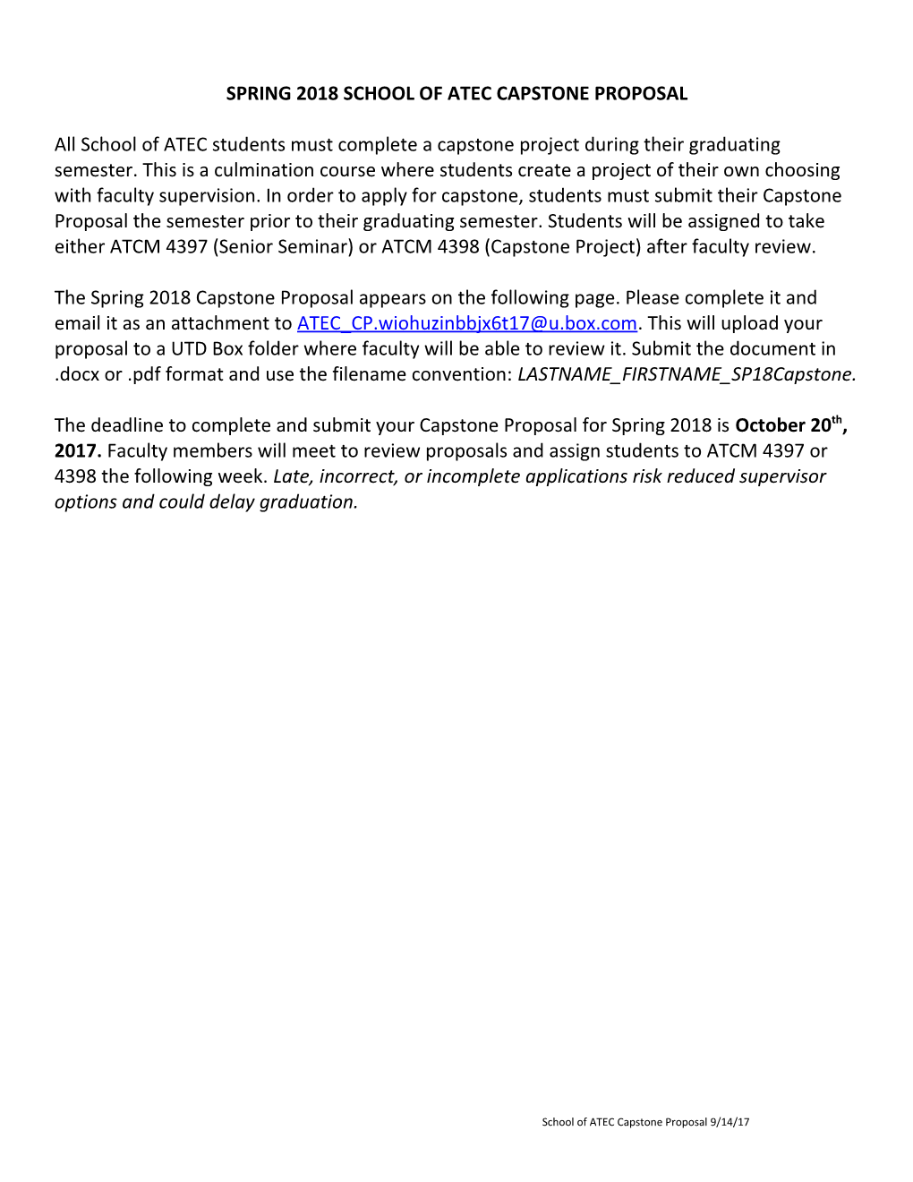 Spring 2018 School of Atec Capstone Proposal