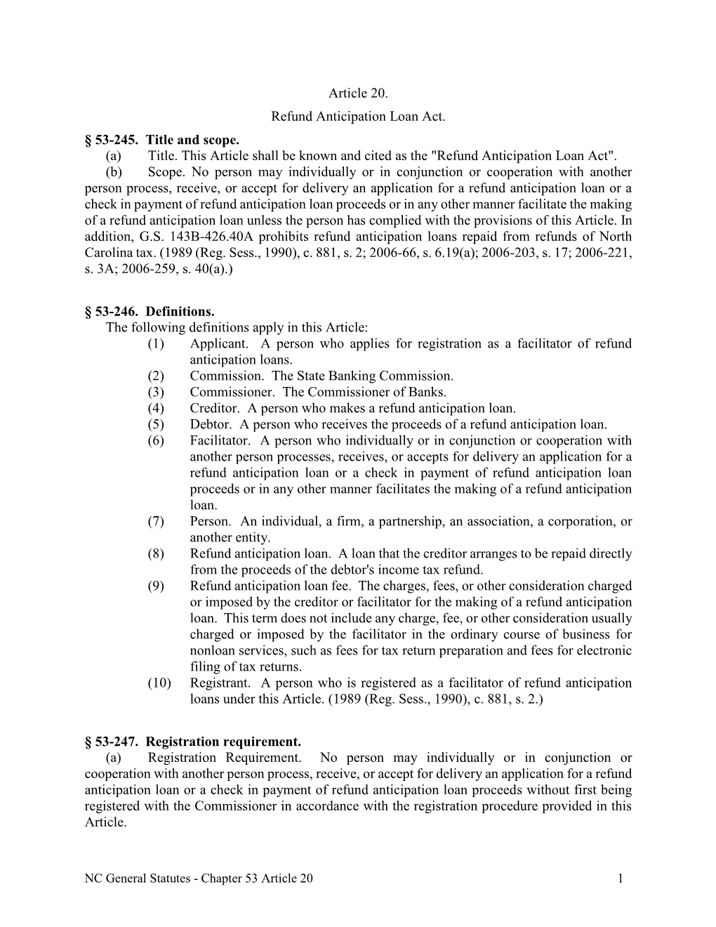 Article 20. Refund Anticipation Loan Act. § 53-245. Title and Scope. (A) Title