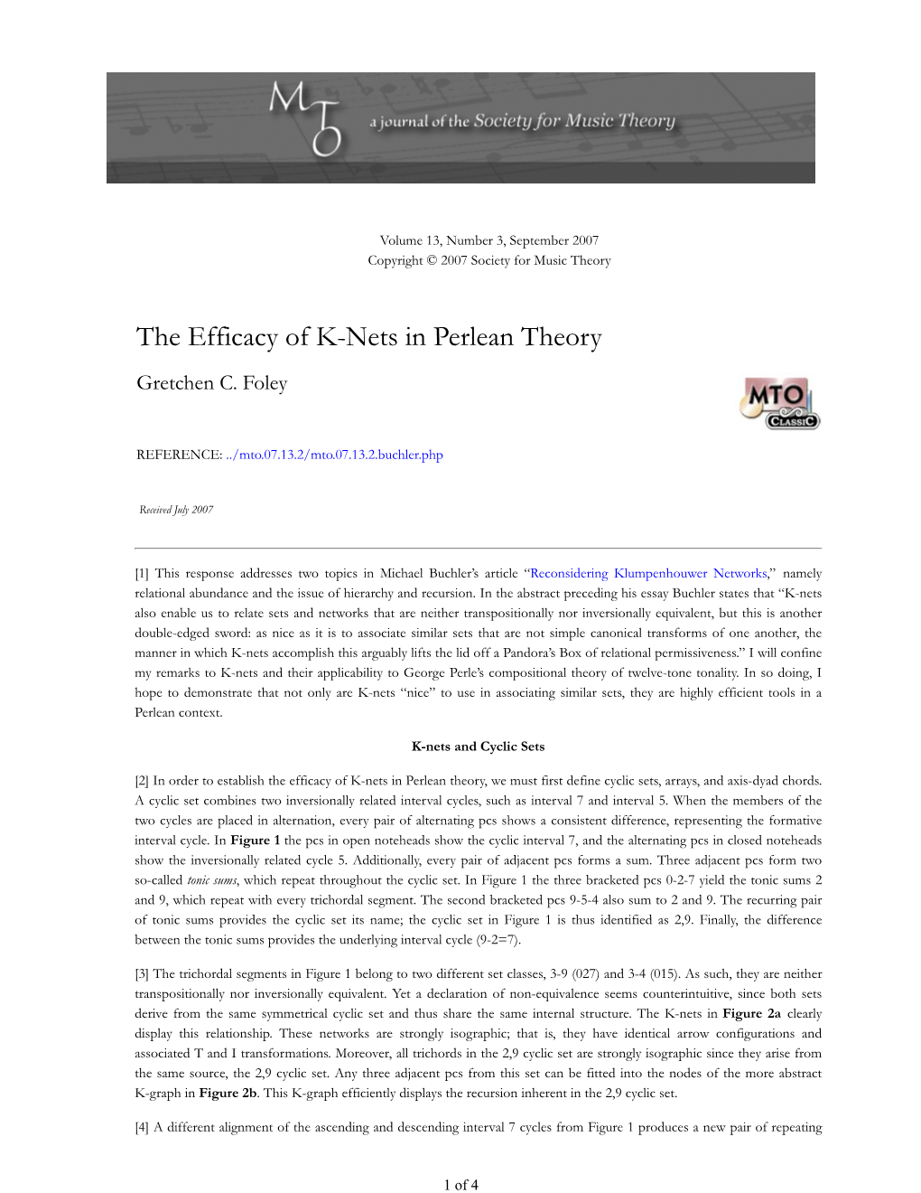 MTO 13.3: Foley, Efficacy of K-Nets in Perlean Theory