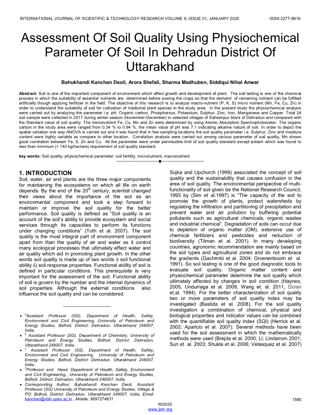 Assessment of Soil Quality Using Physiochemical Parameter of Soil in Dehradun District of Uttarakhand