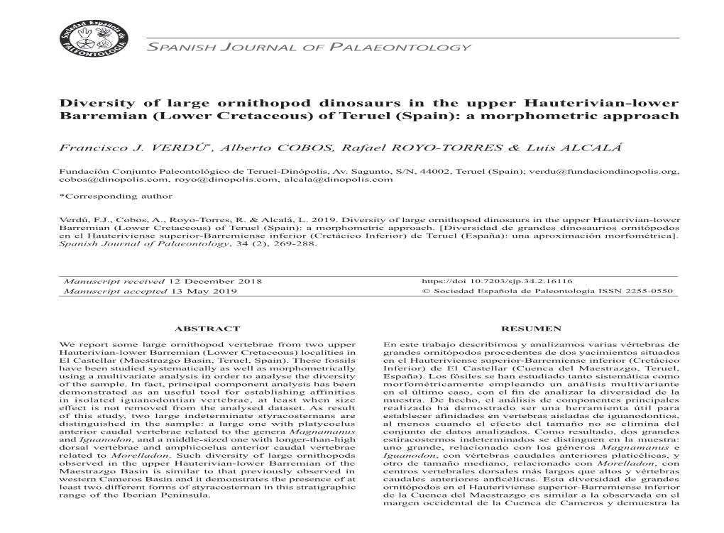 Diversity of Large Ornithopod Dinosaurs in the Upper Hauterivian-Lower Barremian (Lower Cretaceous) of Teruel (Spain): a Morphometric Approach