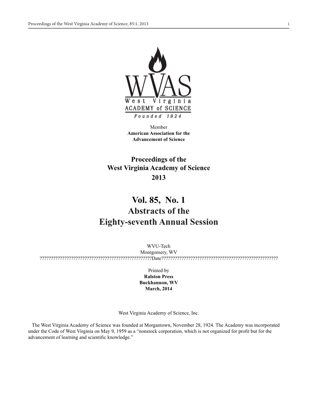 Vol. 85, No. 1 Abstracts of the Eighty-Seventh Annual Session