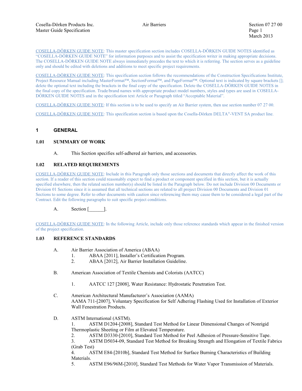 Cosella-Dörken Products Inc. Air Barriers Section 07 27 00