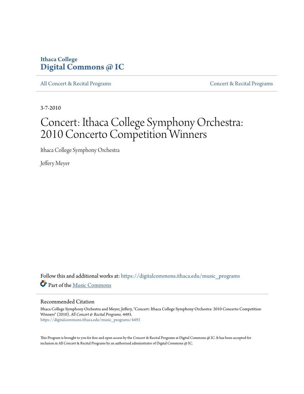 Concert: Ithaca College Symphony Orchestra: 2010 Concerto Competition Winners Ithaca College Symphony Orchestra