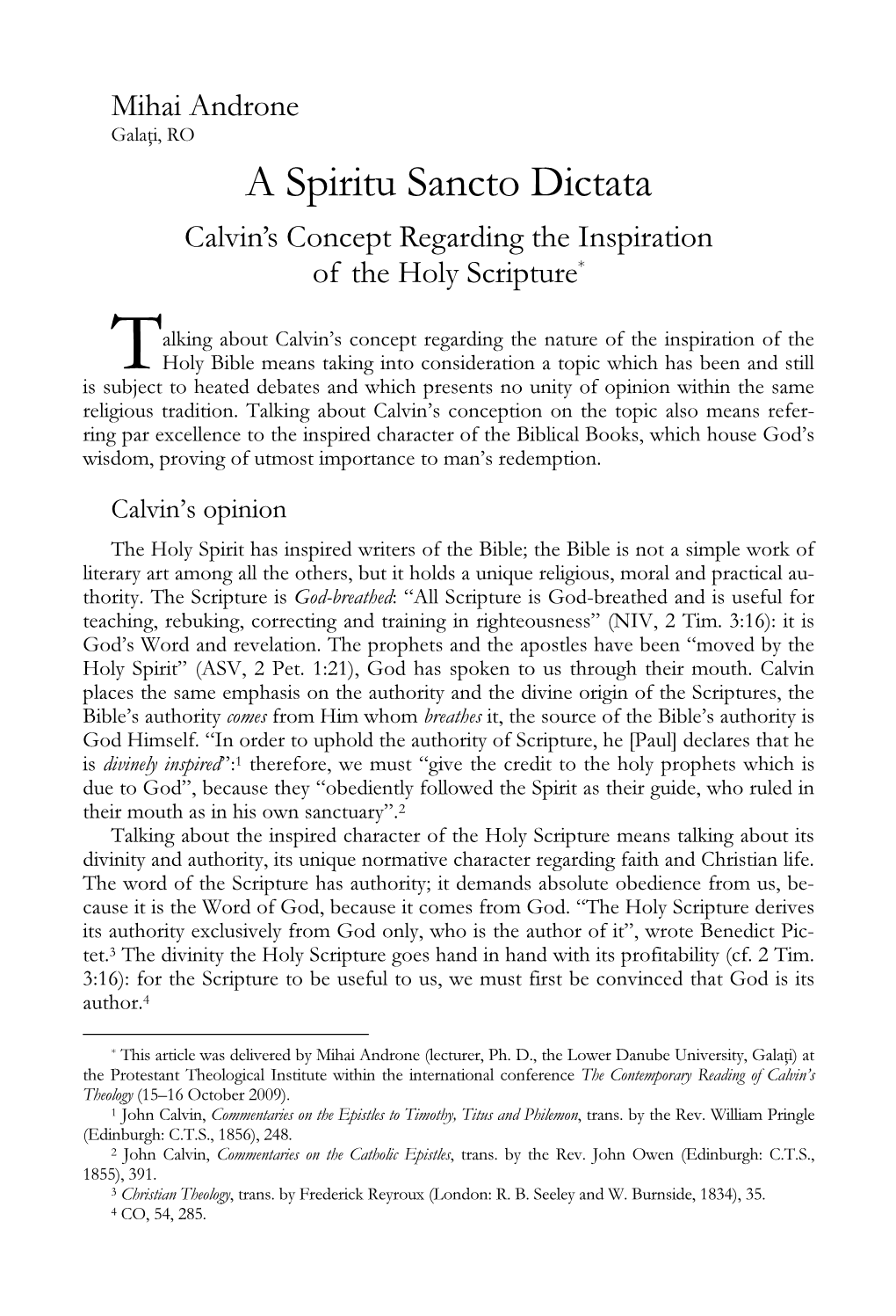 A Spiritu Sancto Dictata Calvin’S Concept Regarding the Inspiration of the Holy Scripture*
