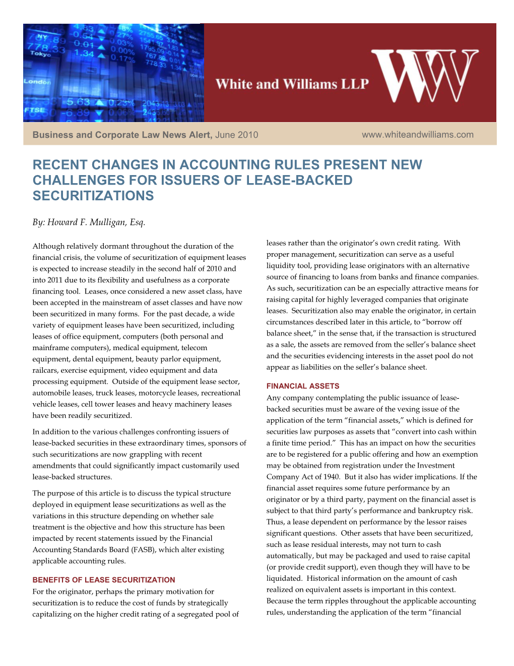 Recent Changes in Accounting Rules Present New Challenges for Issuers of Lease-Backed Securitizations