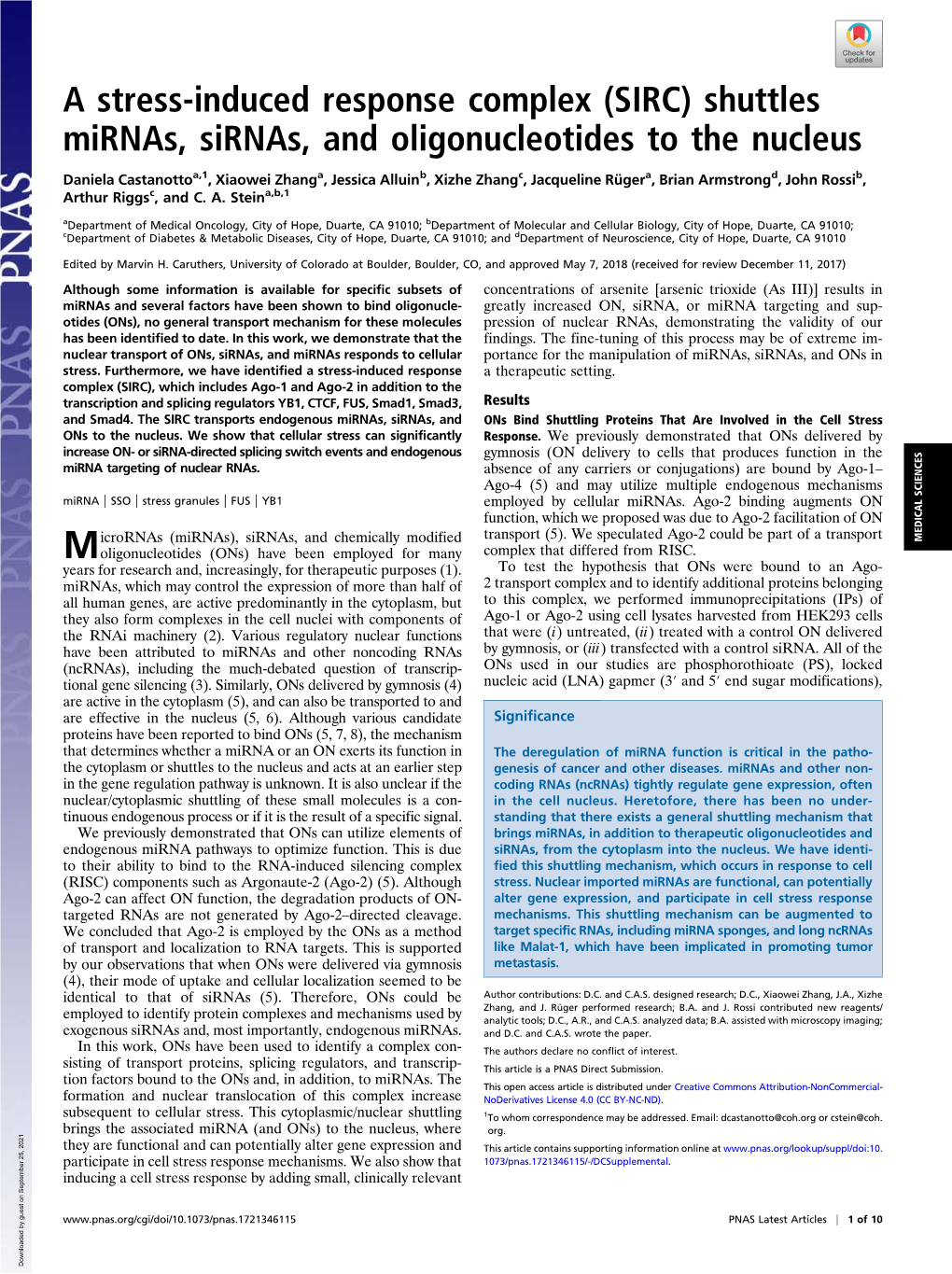 (SIRC) Shuttles Mirnas, Sirnas, and Oligonucleotides to the Nucleus