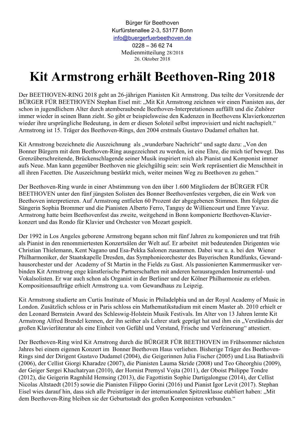 Kit Armstrong Erhält Beethoven-Ring 2018