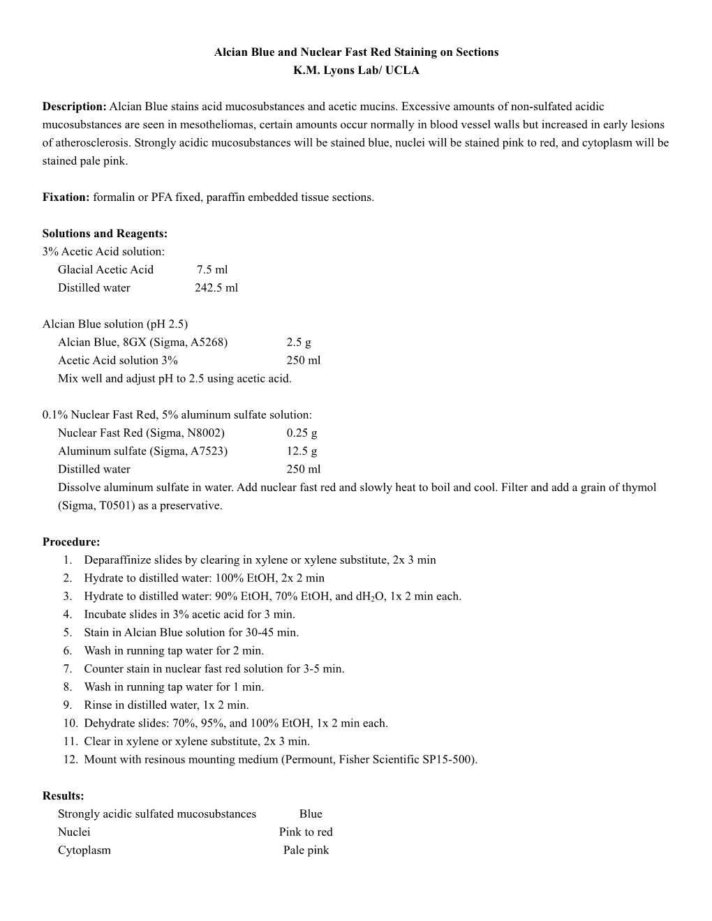 Alcian Blue and Nuclear Fast Red Staining on Sections KM Lyons