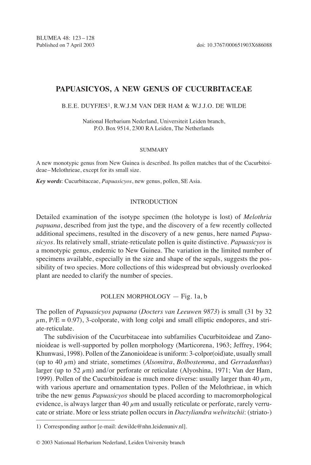 Papuasicyos, a New Genus of Cucurbitaceae