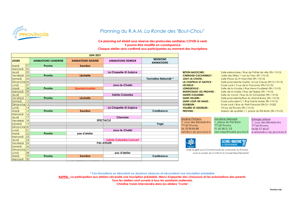 Planning Du R.A.M. La Ronde Des "Bout-Chou"