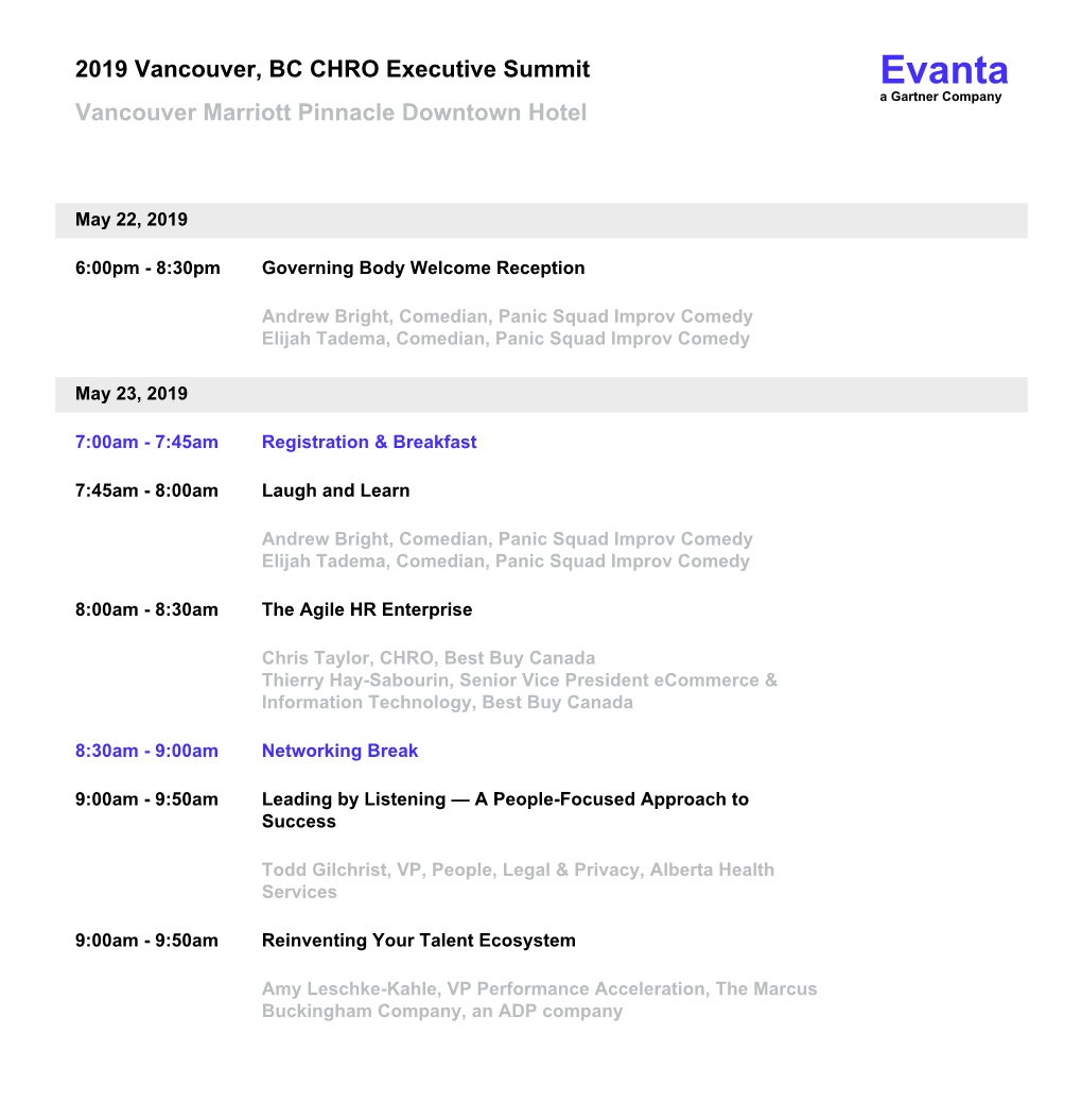 2019 Vancouver, BC CHRO Executive Summit Evanta a Gartner Company Vancouver Marriott Pinnacle Downtown Hotel