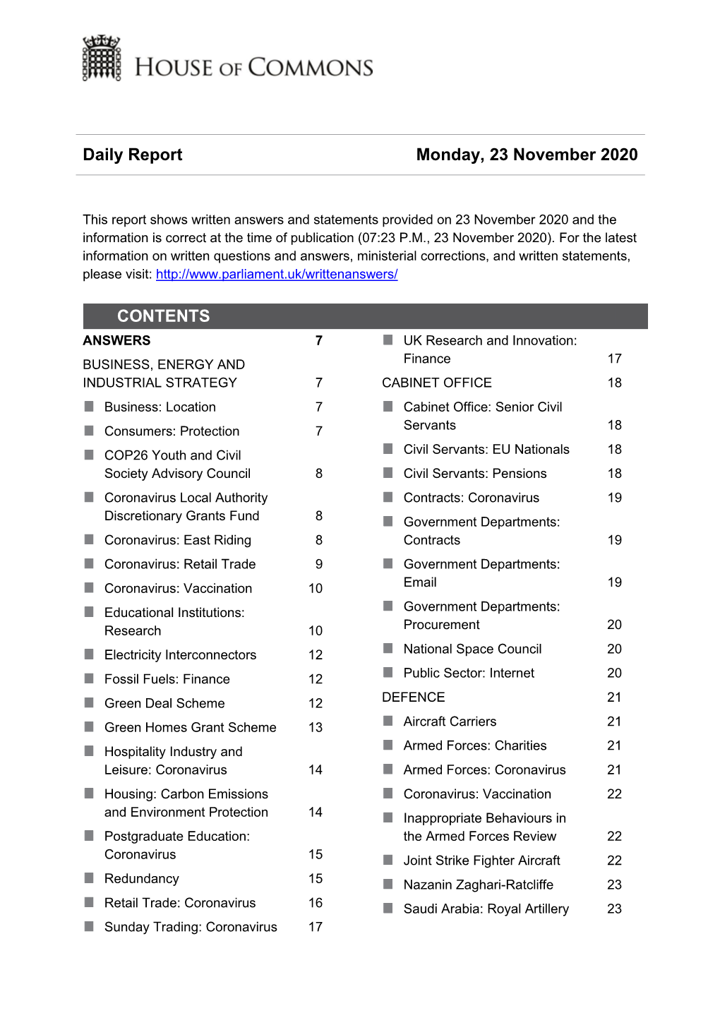 Daily Report Monday, 23 November 2020 CONTENTS