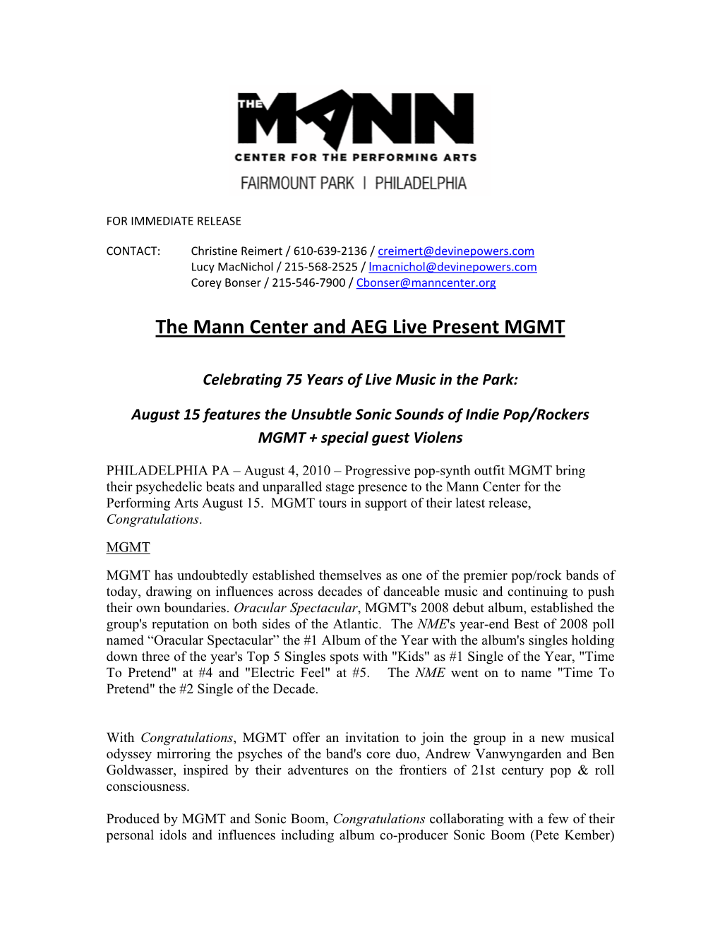 The Mann Center and AEG Live Present MGMT