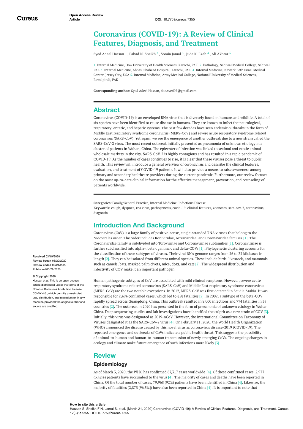 (COVID-19): a Review of Clinical Features, Diagnosis, and Treatment