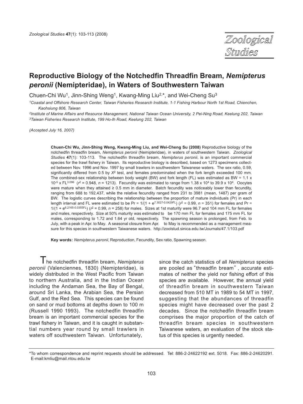 Reproductive Biology of the Notchedfin Threadfin Bream