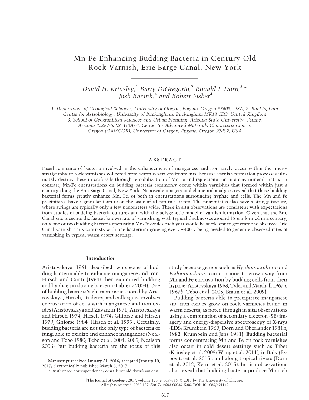 Mn-Fe Enhancing Budding Bacteria in Century-Old Rock Varnish, Erie Barge Canal, New York