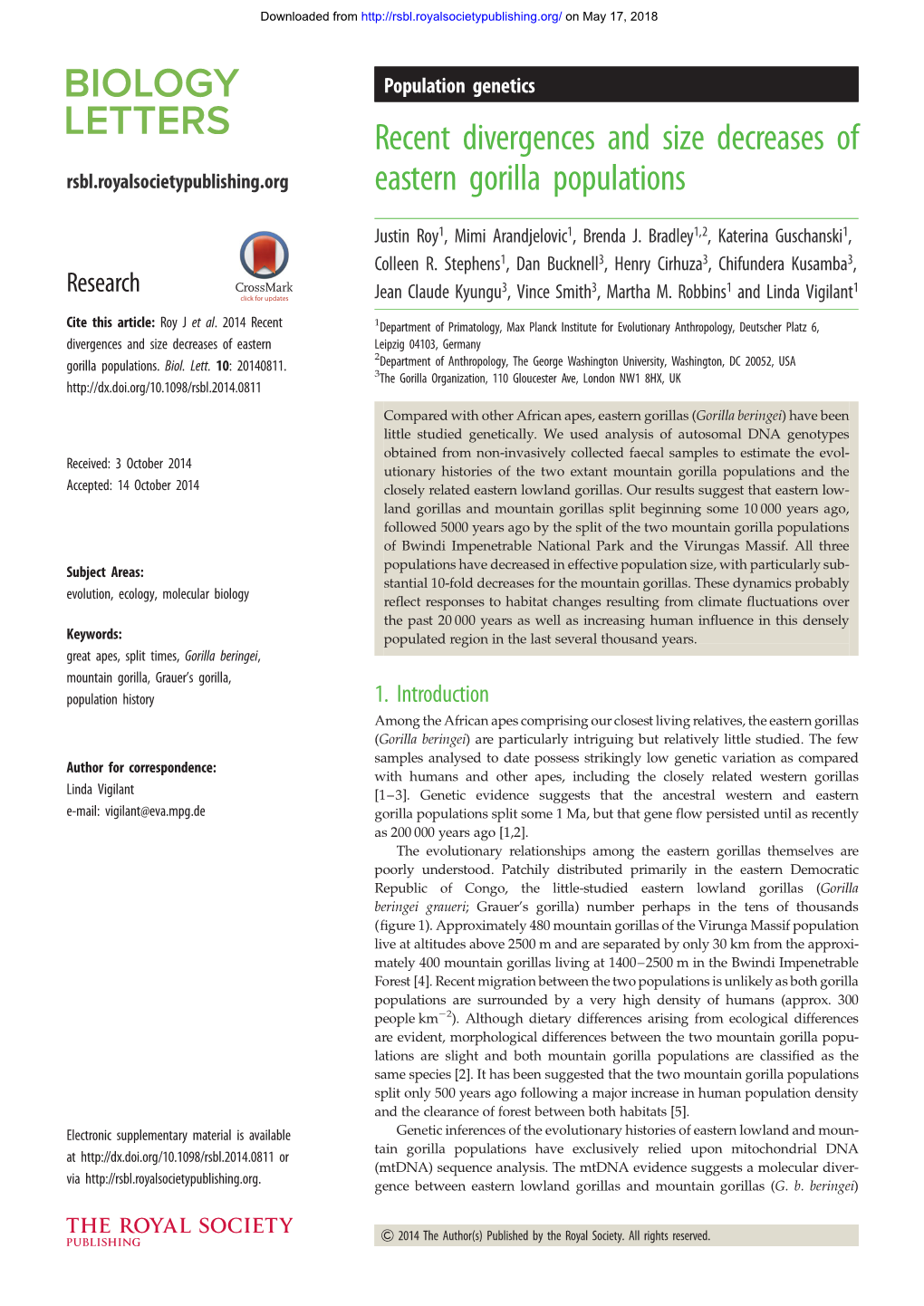 Recent Divergences and Size Decreases of Eastern Gorilla Populations