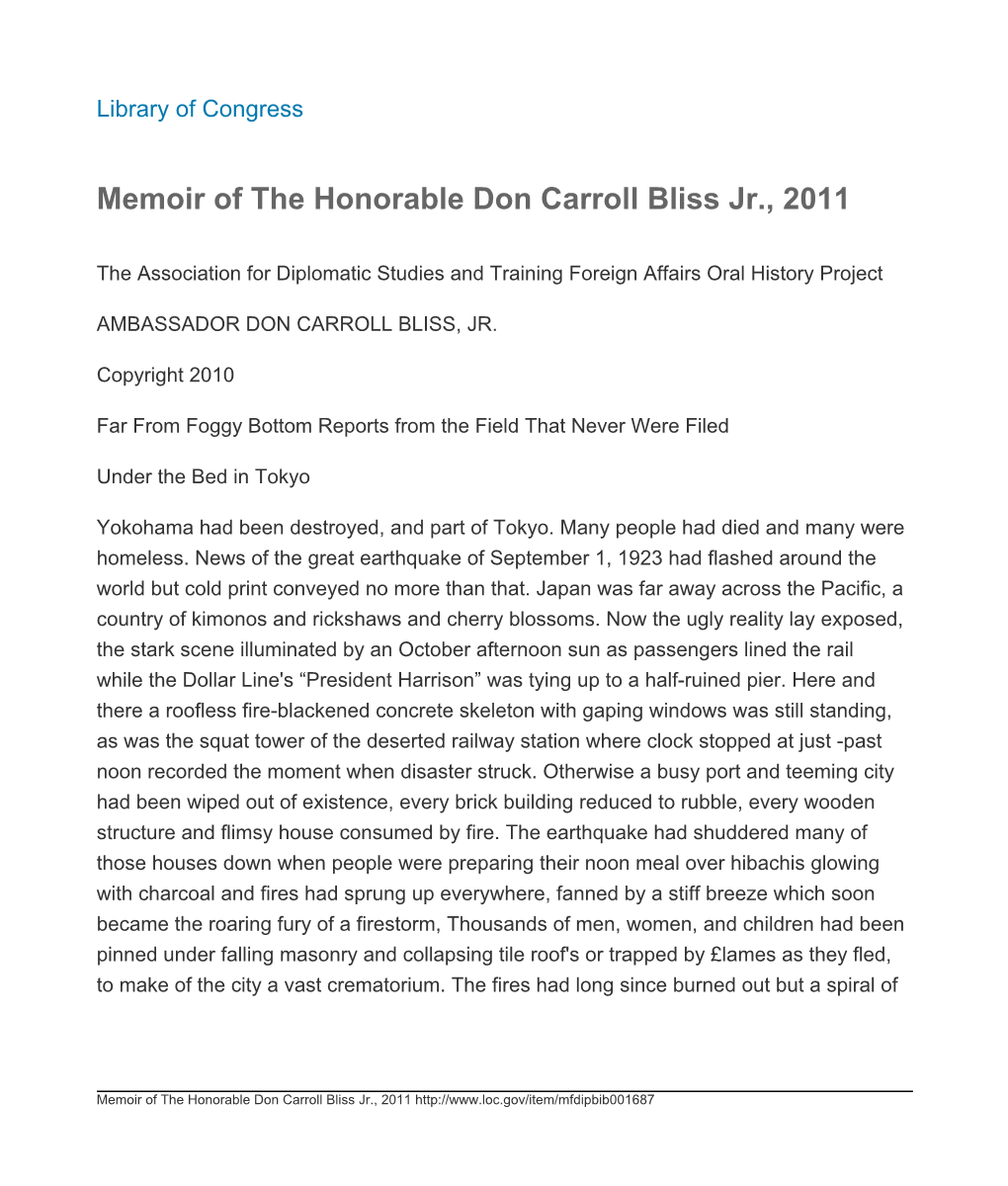 Memoir of the Honorable Don Carroll Bliss Jr., 2011