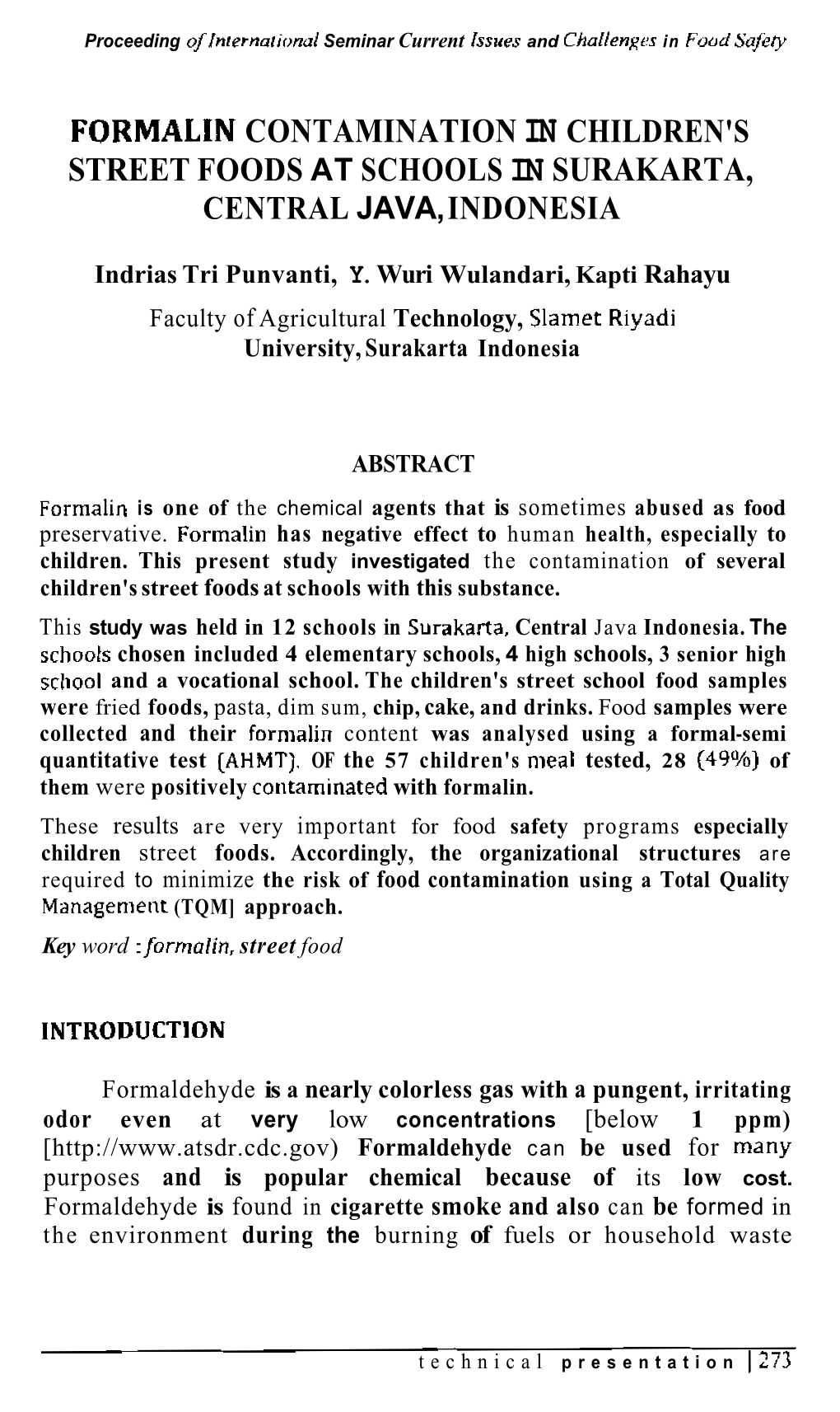 Formalin Contamination in Children's Street Foods at Schools in Surakarta