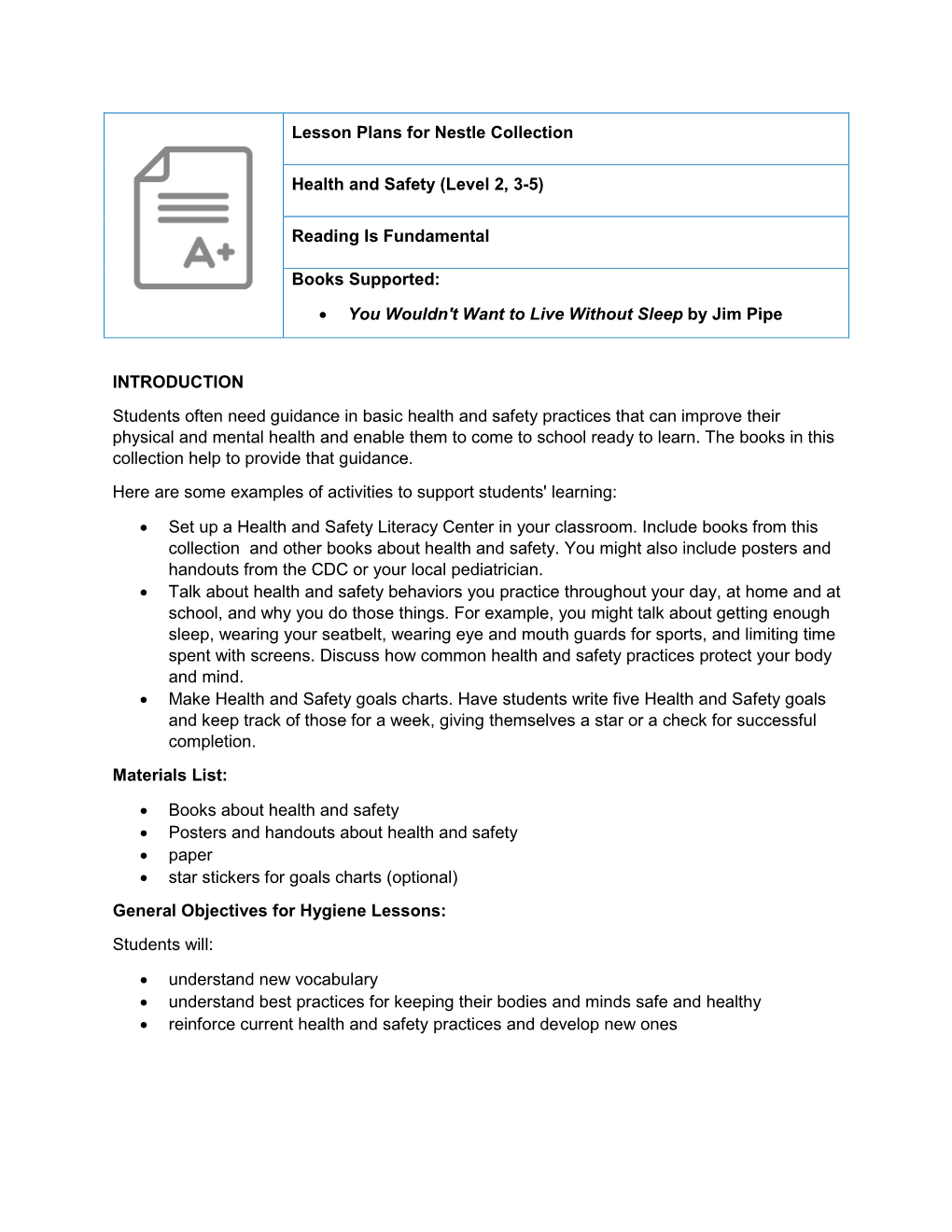 Lesson Plans for Nestle Collection Health and Safety