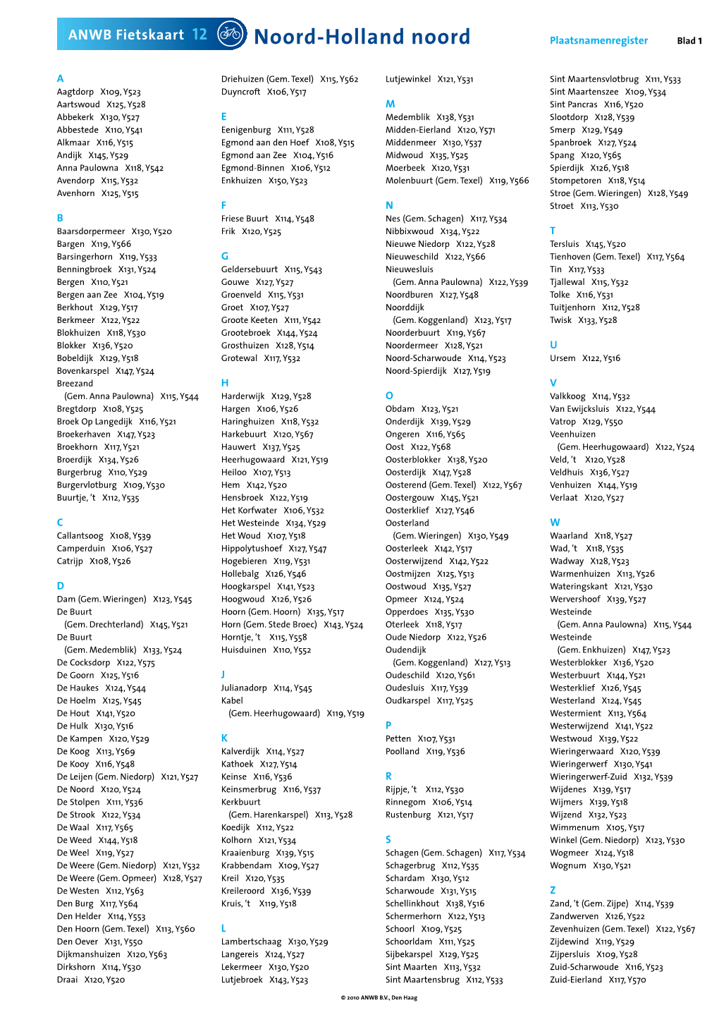 Noord-Holland Noord Plaatsnamenregister Blad 1