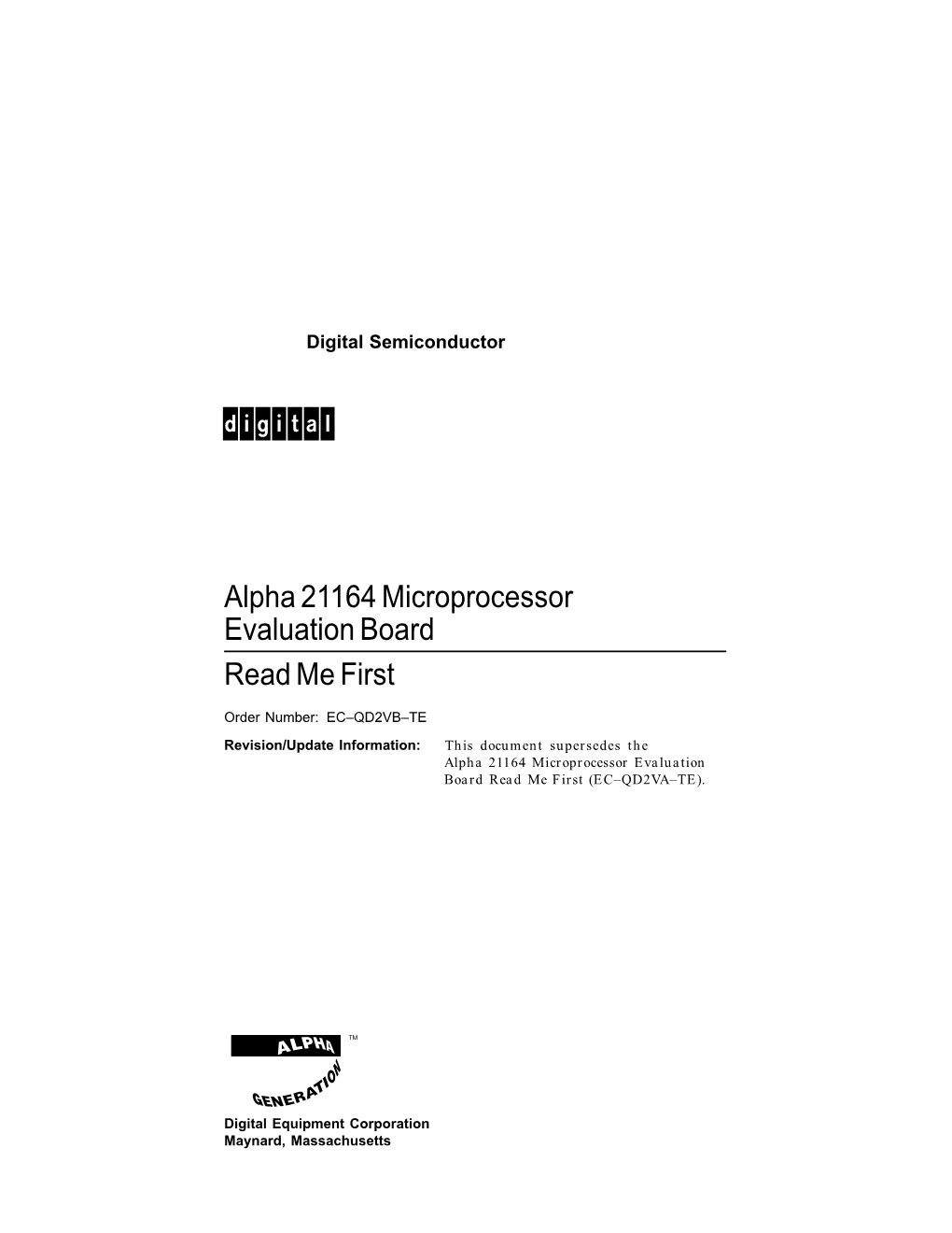 Alpha 21164 Microprocessor Evaluation Board Read Me First