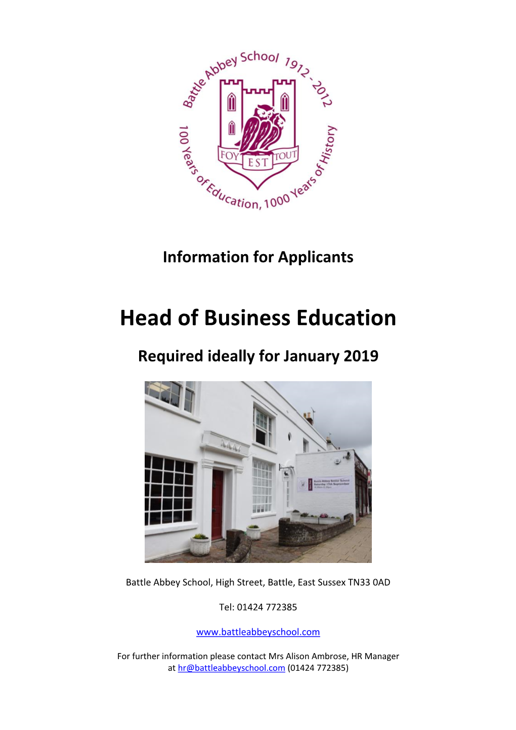 Head of Business Education Required Ideally for January 2019