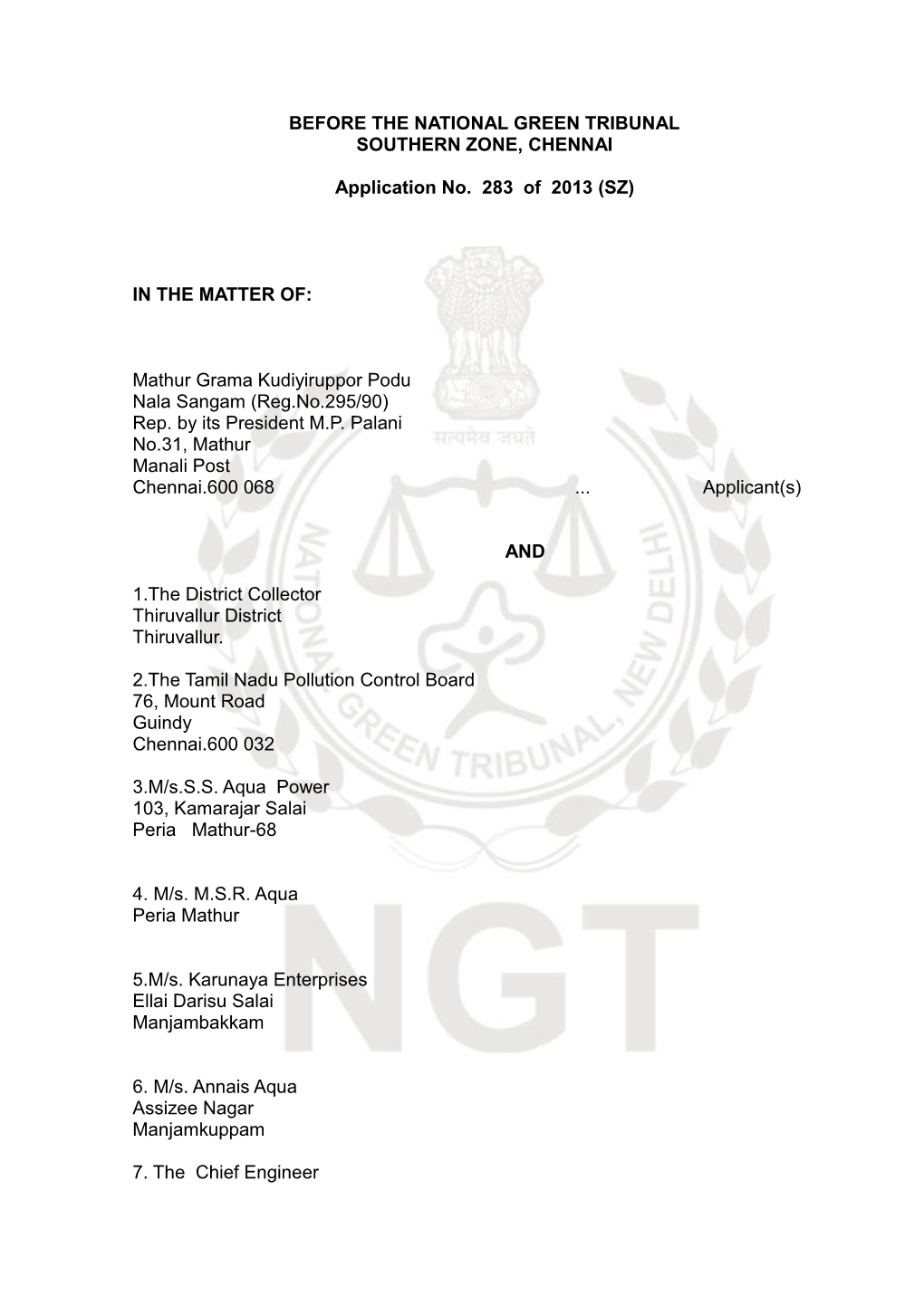 Before the National Green Tribunal Southern Zone, Chennai