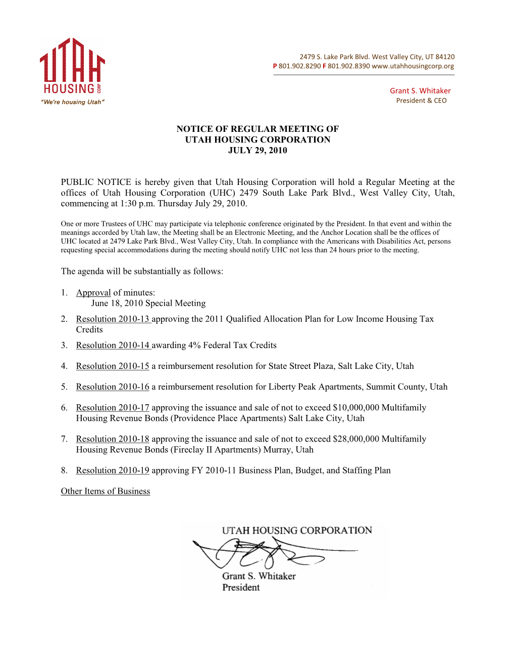 Notice of Regular Meeting of Utah Housing Corporation July 29, 2010