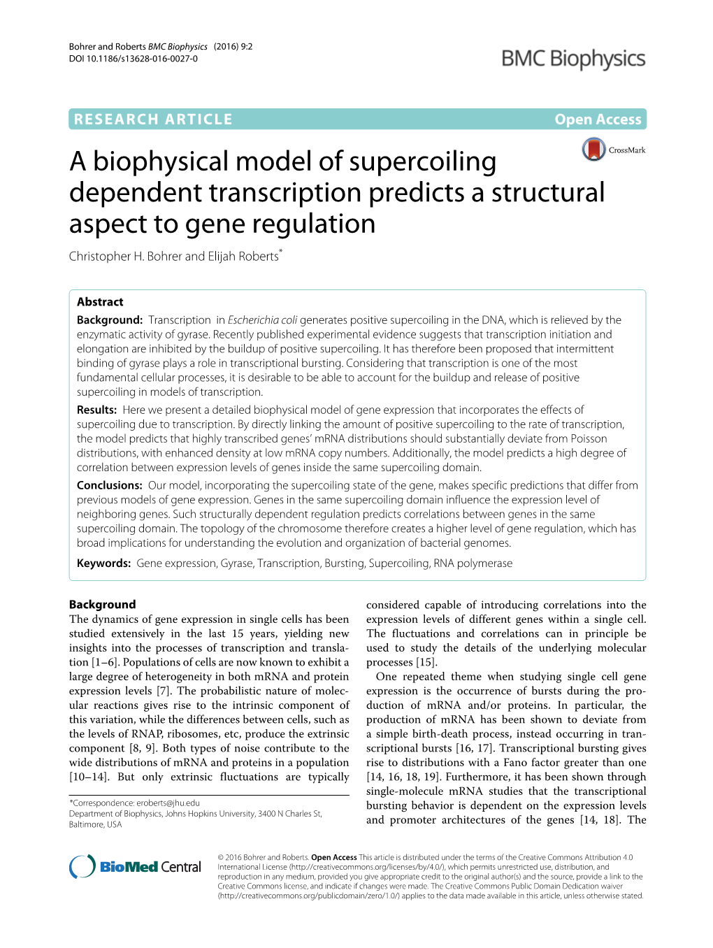 A Biophysical Model of Supercoiling Dependent Transcription Predicts a Structural Aspect to Gene Regulation Christopher H