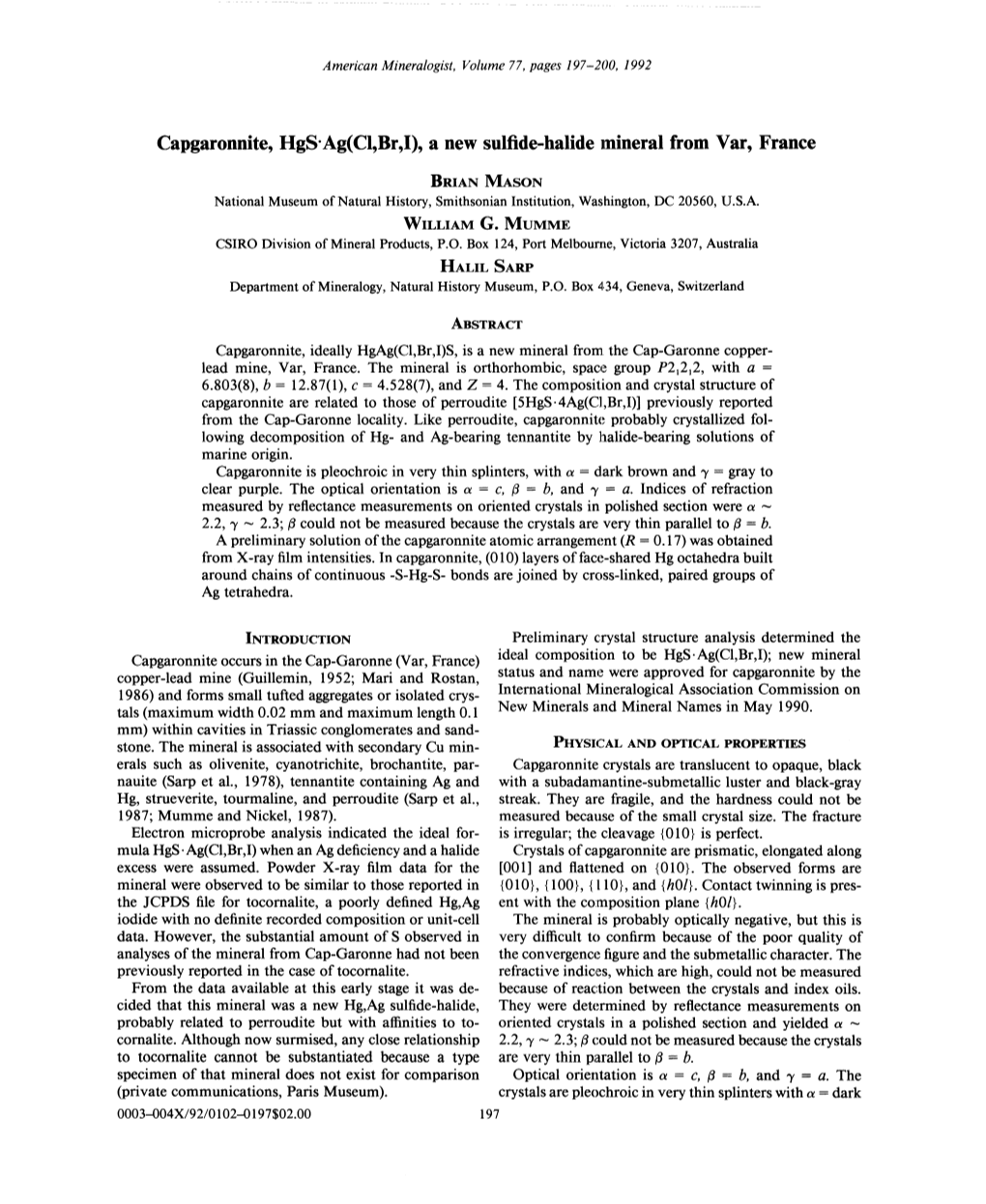 Capgaronnite, Hgs. Ag(CI,Br ,1), a New Sulfide-Halide ]Ti1ineralfrom