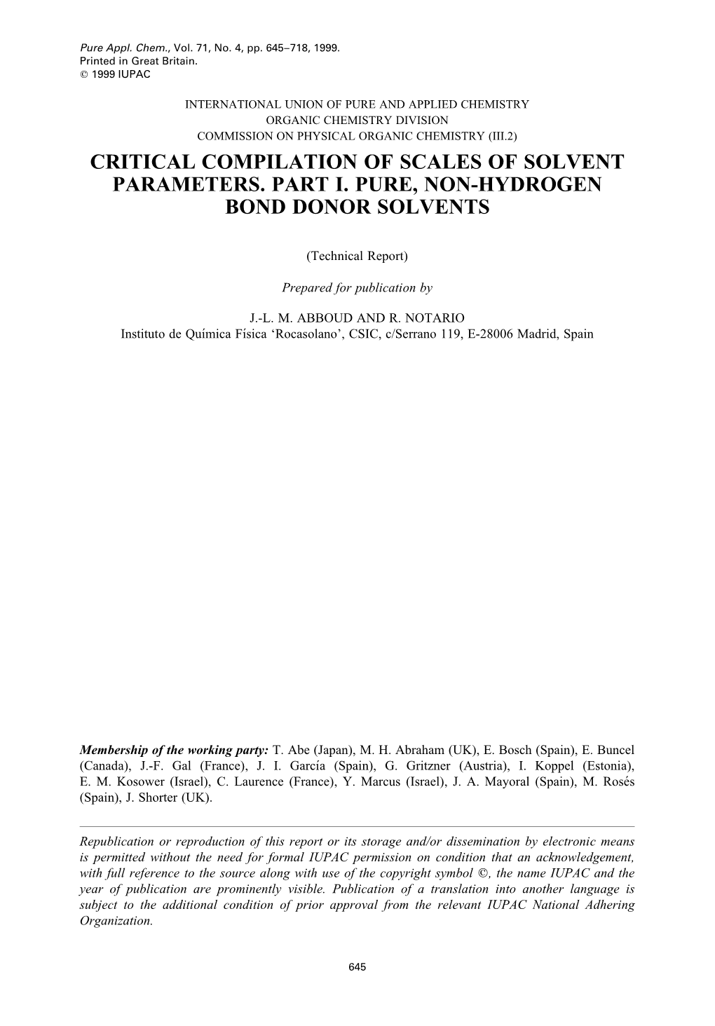 Critical Compilation of Scales of Solvent Parameters