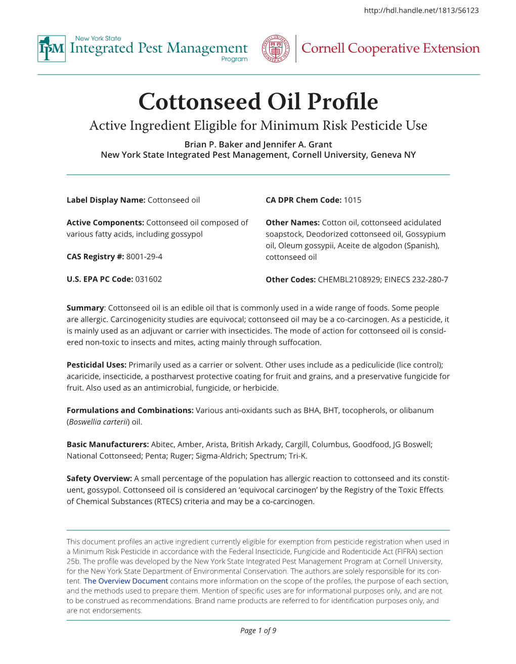 Cottonseed Oil Profile Integrated Pest Management Cornell Cooperative Extension Program