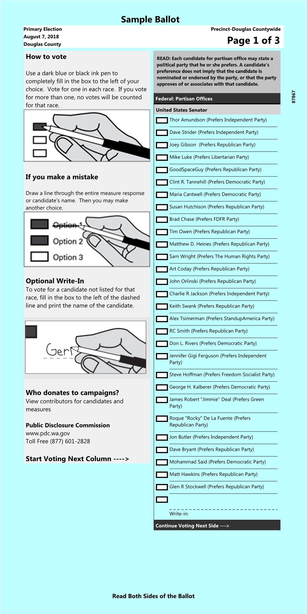 Sample Ballot Primary Election Precinct-Douglas Countywide August 7, 2018 Douglas County Page 1 of 3 How to Vote