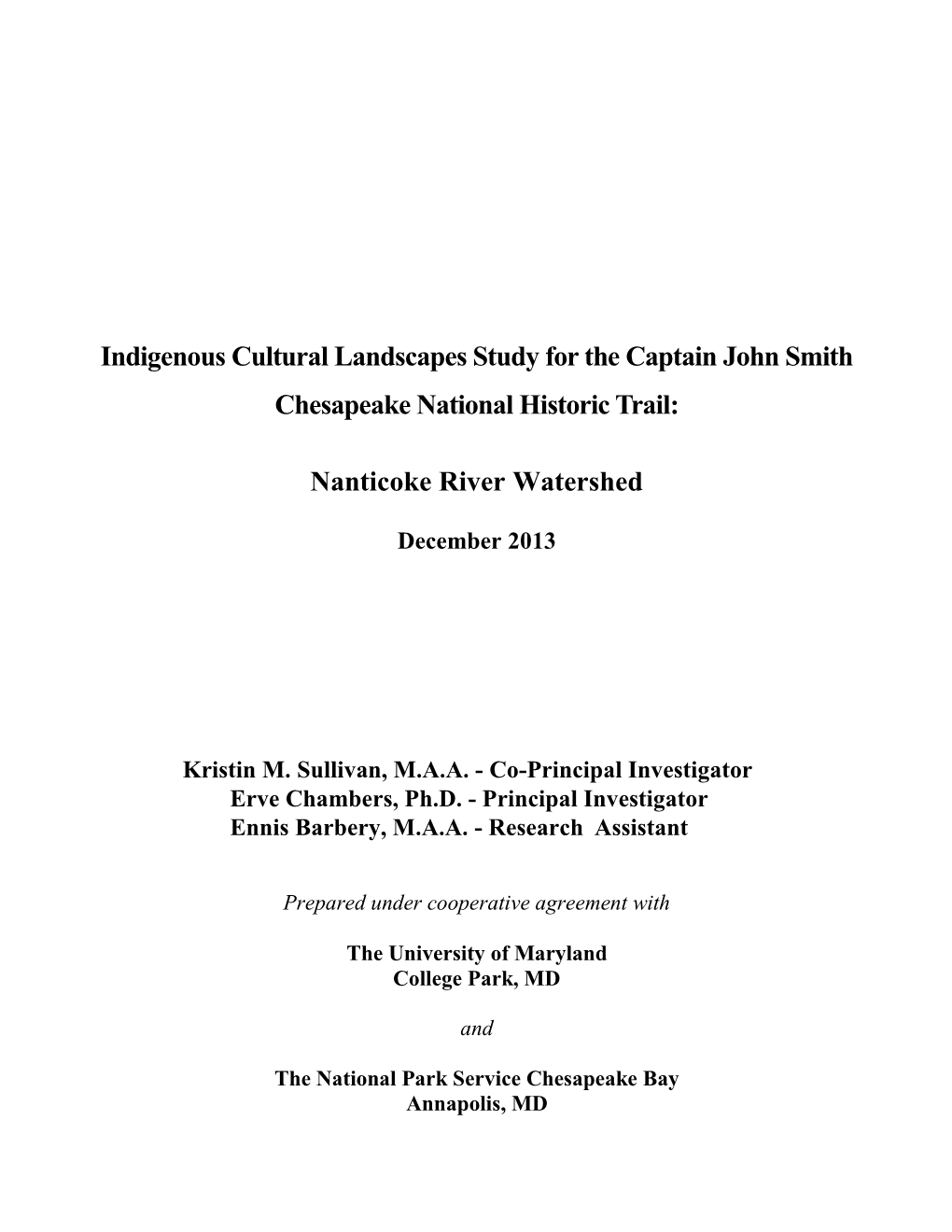 Indigenous Cultural Landscapes Study for the Captain John Smith Chesapeake National Historic Trail