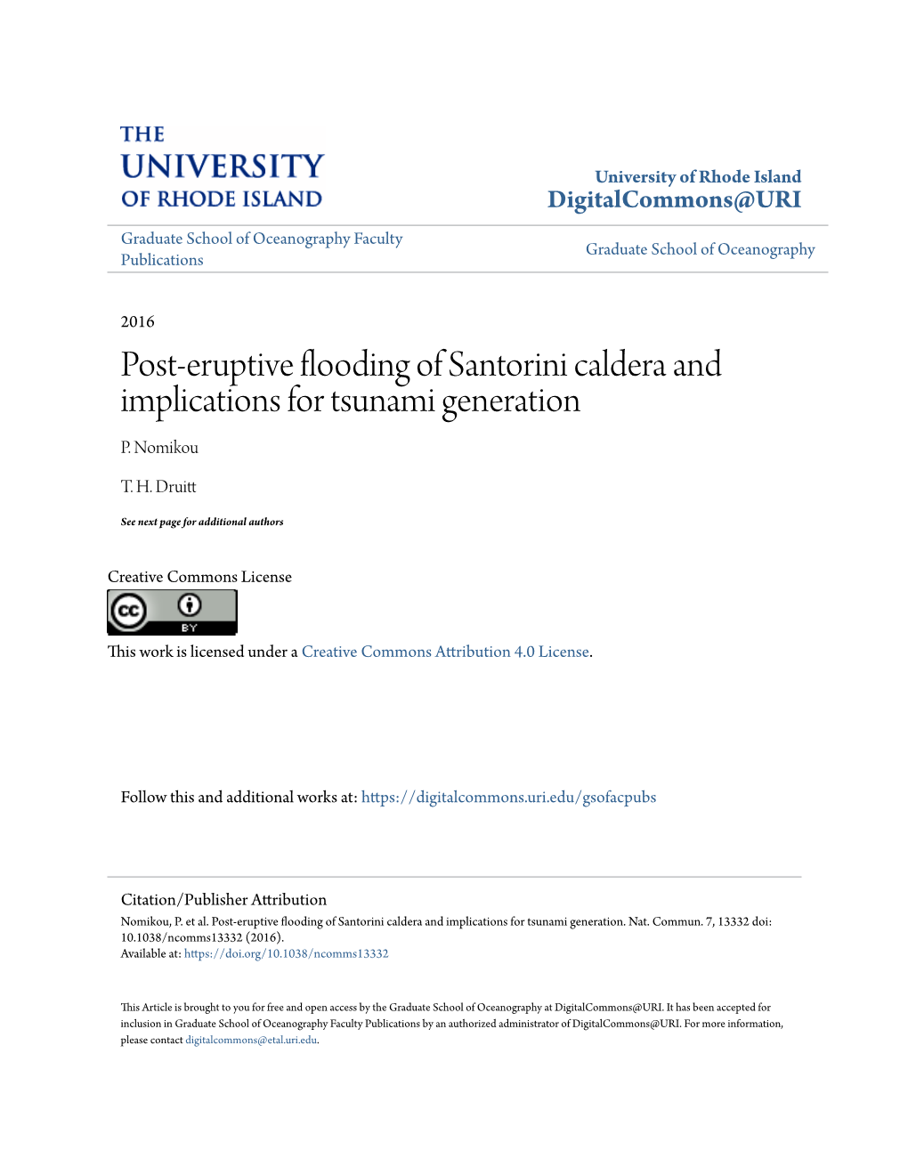 Post-Eruptive Flooding of Santorini Caldera and Implications for Tsunami Generation P