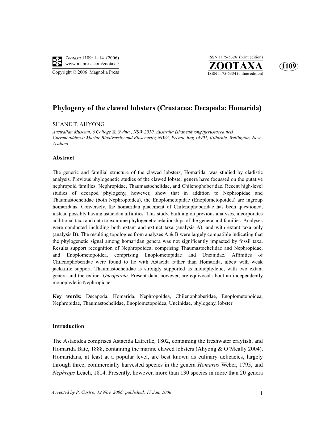 Zootaxa, Phylogeny of the Clawed Lobsters