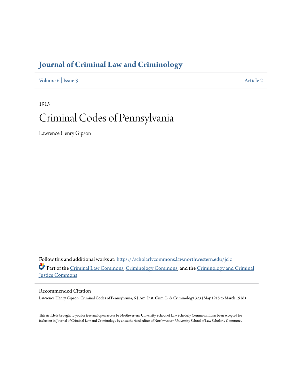 Criminal Codes of Pennsylvania Lawrence Henry Gipson